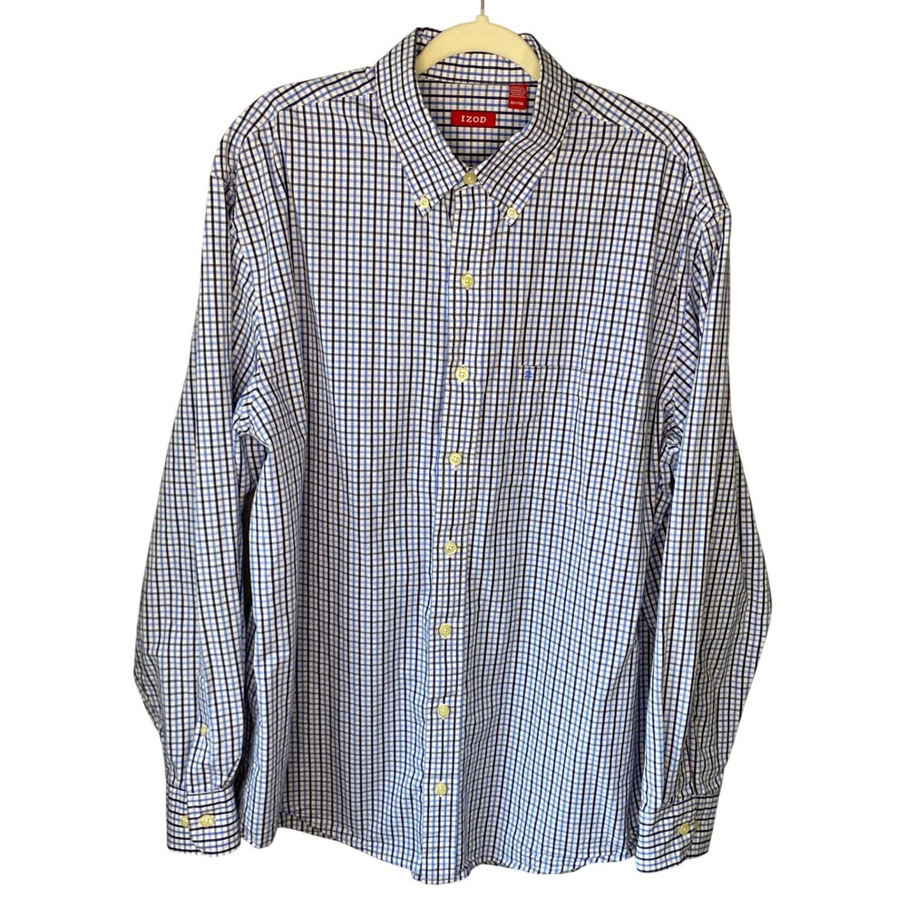 IZOD Mens Blue White Tattersall Check‎ Button Down Shirt XLT Tall Long Sleeve